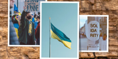 Ukraine Collage vor Holzhintergrund