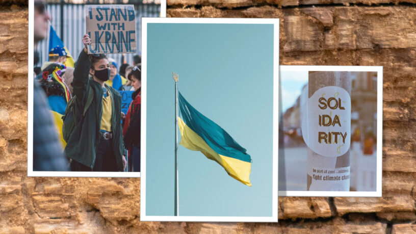 Ukraine Collage vor Holzhintergrund