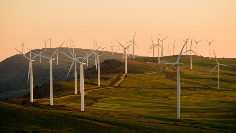 Windräder auf hügeliger Landschaft