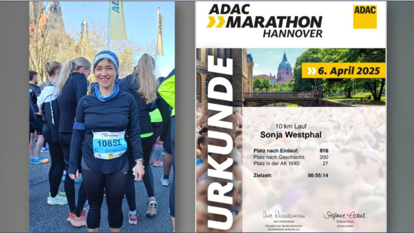 Collage Sonja Laufbild und Urkunde